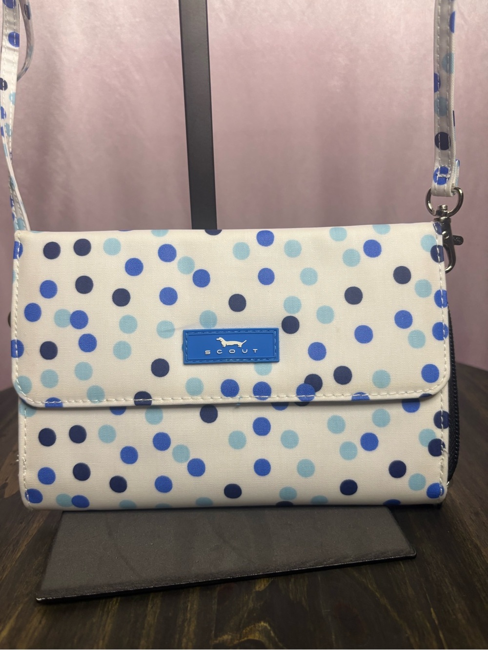 Scout White Crossbody with Navy and Light Blue Polka Dots
